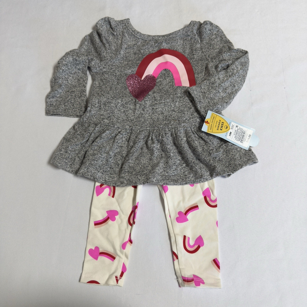 Cat & Jack Valentine 2 pc Outfit Cozy Top and Leggings Girls 12 Month Pink Gray